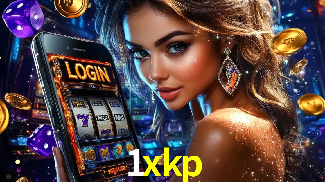 Mulher glamorosa segurando um smartphone com a tela de login para os jogos de caça-níqueis do cassino online 1xkp, com moedas de ouro e dados ao redor.