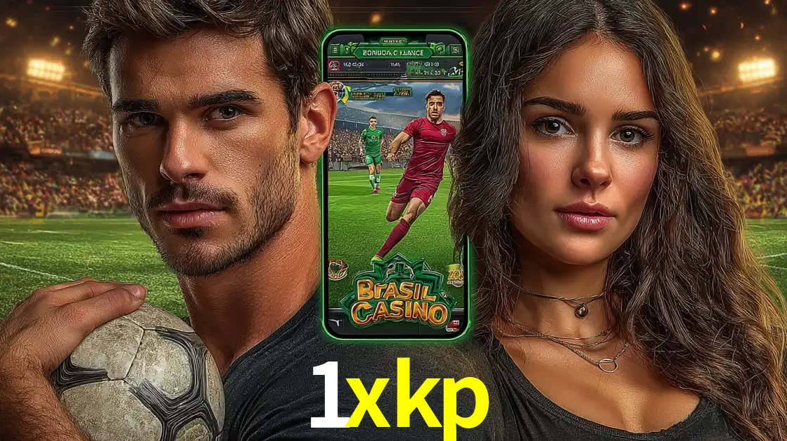 Homem segurando uma bola de futebol e uma mulher ao lado de um smartphone exibindo o jogo de apostas esportivas da 1xkp. Faça seu palpite no cassino online.